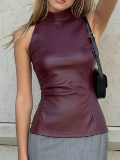 New Sleeveless PU Leather Skinny Blouse Blouses & Shirts|Tops