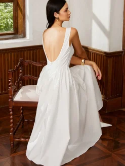 Online Sleeveless Square Neck Backless Midi Dress White Dresses|Casual Dresses