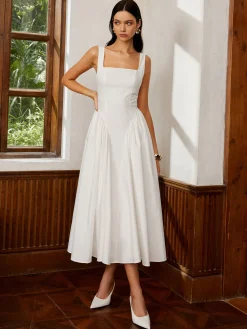 Online Sleeveless Square Neck Backless Midi Dress White Dresses|Casual Dresses