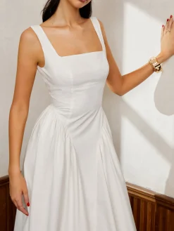 Online Sleeveless Square Neck Backless Midi Dress White Dresses|Casual Dresses