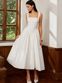 Online Sleeveless Square Neck Backless Midi Dress White Dresses|Casual Dresses