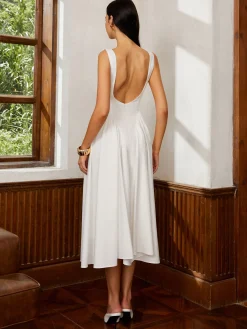 Online Sleeveless Square Neck Backless Midi Dress White Dresses|Casual Dresses