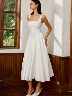 Online Sleeveless Square Neck Backless Midi Dress White Dresses|Casual Dresses