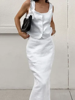 Outlet Sleeveless Square Neck Top With Split Maxi Skirt Skirt Sets|Long Sleeve Sets