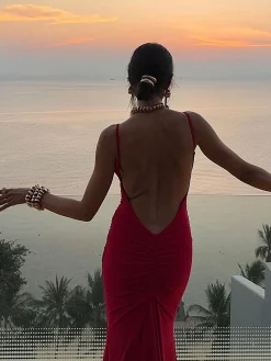 Discount Slim Backless Cami Solid Dress Casual Dresses|Cocktail & Party Dresses