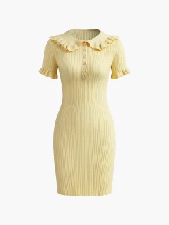 Sale Slim Fit Collar Knit Short Dress with Metal Button Casual Dresses|Summer Dresses