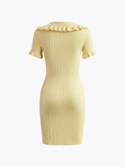 Sale Slim Fit Collar Knit Short Dress with Metal Button Casual Dresses|Summer Dresses
