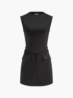 Hot Slim Sleeveless Pockets Skirt Set Skirt Sets|Long Sleeve Sets