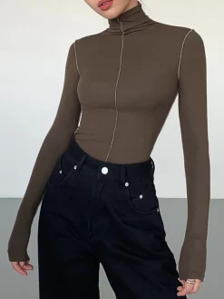 Discount Slinky Turtleneck Contrast Trim Ribbed Knit Shirt T-shirts|Knitwear