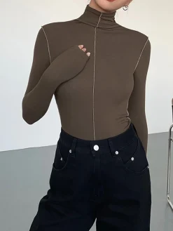 Discount Slinky Turtleneck Contrast Trim Ribbed Knit Shirt T-shirts|Knitwear