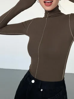 Discount Slinky Turtleneck Contrast Trim Ribbed Knit Shirt T-shirts|Knitwear