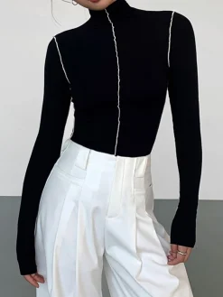 Discount Slinky Turtleneck Contrast Trim Ribbed Knit Shirt T-shirts|Knitwear