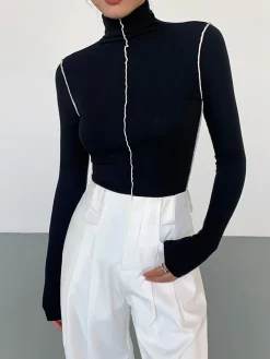 Discount Slinky Turtleneck Contrast Trim Ribbed Knit Shirt T-shirts|Knitwear