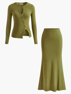 Outlet Slit Button Fishtail Skirt Set Skirt Sets|Long Sleeve Sets