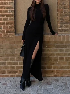 New Slit Pleated Long Sleeve Bodycon Mock Neck Long Dress Black Dresses|Casual Dresses