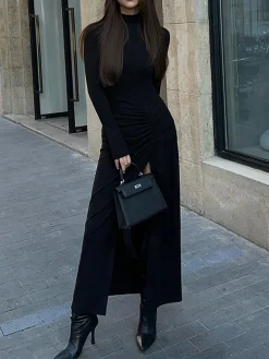 New Slit Pleated Long Sleeve Bodycon Mock Neck Long Dress Black Dresses|Casual Dresses
