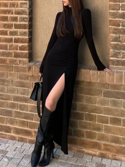 New Slit Pleated Long Sleeve Bodycon Mock Neck Long Dress Black Dresses|Casual Dresses
