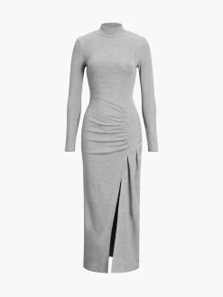 New Slit Pleated Long Sleeve Bodycon Mock Neck Long Dress Black Dresses|Casual Dresses