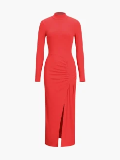 New Slit Pleated Long Sleeve Bodycon Mock Neck Long Dress Black Dresses|Casual Dresses