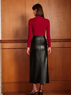 Clearance Slit PU Leather Straight Skirt Skirts|Matching Sets