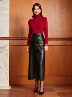 Clearance Slit PU Leather Straight Skirt Skirts|Matching Sets