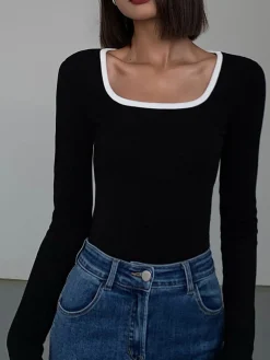 Sale Sliver Lining Contrast Neckline Long Sleeve Top Sweater Tops|T-shirts