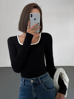 Sale Sliver Lining Contrast Neckline Long Sleeve Top Sweater Tops|T-shirts