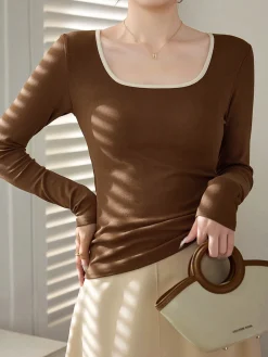 Sale Sliver Lining Contrast Neckline Long Sleeve Top Sweater Tops|T-shirts