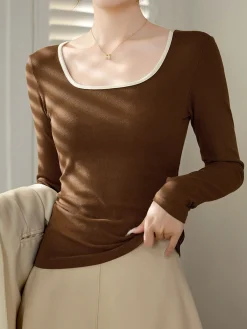Sale Sliver Lining Contrast Neckline Long Sleeve Top Sweater Tops|T-shirts