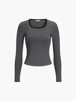 Sale Sliver Lining Contrast Neckline Long Sleeve Top Sweater Tops|T-shirts