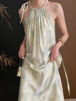 Online Soft Pastel Print Halter Belted Midi Dress Casual Dresses|Vacation Dresses