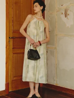 Online Soft Pastel Print Halter Belted Midi Dress Casual Dresses|Vacation Dresses