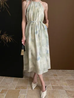 Online Soft Pastel Print Halter Belted Midi Dress Casual Dresses|Vacation Dresses