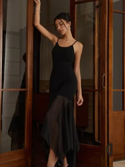 Discount Solid Asymmetrical Hem Cami Long Dress Black Dresses|Casual Dresses