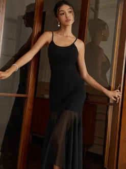 Discount Solid Asymmetrical Hem Cami Long Dress Black Dresses|Casual Dresses
