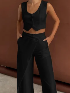 Sale Solid  Asymmetrical Straight Leg Pants Set Pants Sets|Matching Sets