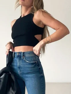 Hot Solid Back Cutout Crop Tank Top Sweater Tops|Crop Tops