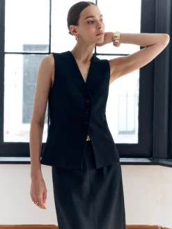 Outlet Solid Back Split Button V-Neck Vest Outerwear|Vests