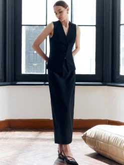 Outlet Solid Back Split Button V-Neck Vest Outerwear|Vests