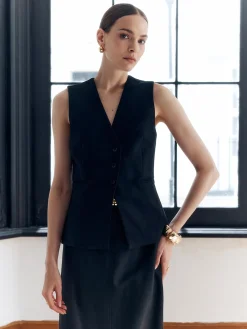 Outlet Solid Back Split Button V-Neck Vest Outerwear|Vests