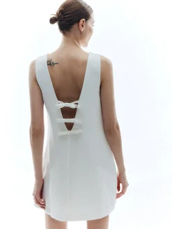 Solid Backless Knotted Sleeveless Dress White Dresses|Casual Dresses