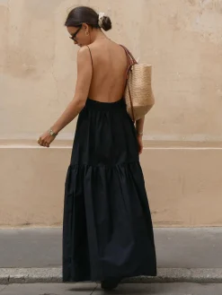 Hot Solid Backless Long Dress White Dresses|Black Dresses