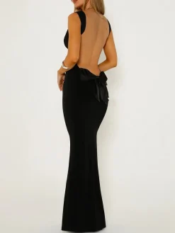 New Solid Backless With Bow Long Dress Black Dresses|Cocktail & Party Dresses