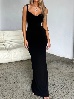New Solid Backless With Bow Long Dress Black Dresses|Cocktail & Party Dresses