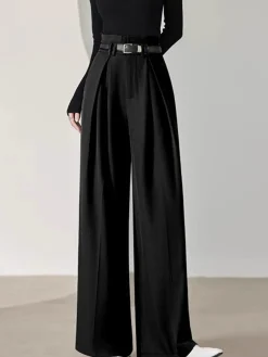Solid Belted Pleated Wide Leg Pants Wide Leg|Pants