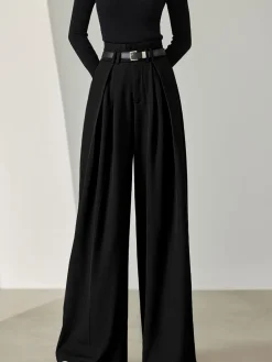 Solid Belted Pleated Wide Leg Pants Wide Leg|Pants