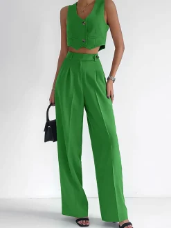 Clearance Solid Button Front Waistcoat With Pants Set Pants Sets|Matching Sets