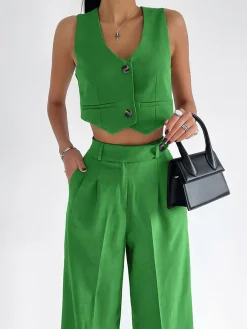 Clearance Solid Button Front Waistcoat With Pants Set Pants Sets|Matching Sets