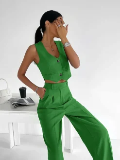 Clearance Solid Button Front Waistcoat With Pants Set Pants Sets|Matching Sets