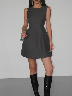 Hot Solid Crew Neck Sleeveless Mini Dress Casual Dresses|Work Dresses